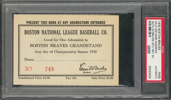 1935 Boston Braves Single Game Pass - Babe Ruths Final Season (PSA) 